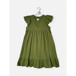 TheGet Olive Green Mini Dress Empire Waist XS Ruffle Hem V Neck Boho‎